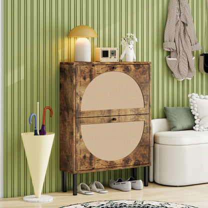 Schuhschrank mit zwei Türen, austauschbaren halbrunden Türfronten und Rattan-Oberfläche, geeignet für den Eingangsbereich und andere Szenen, Vintage-Braun