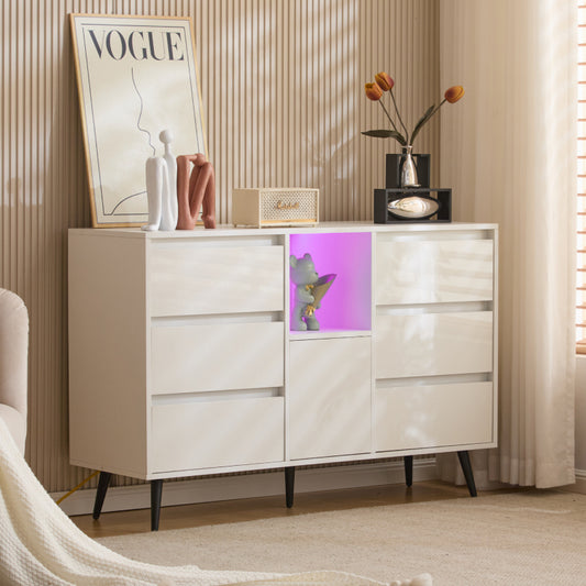Modernes weißes Sideboard mit LED-Beleuchtung, 6 geräuschlosen Schubladen, Push-Open-Türen, Hochglanzlackierung, mattschwarzen Metallbeinen, 120x40x80 cm – ideal für Küchen, Ess- und Wohnbereiche
