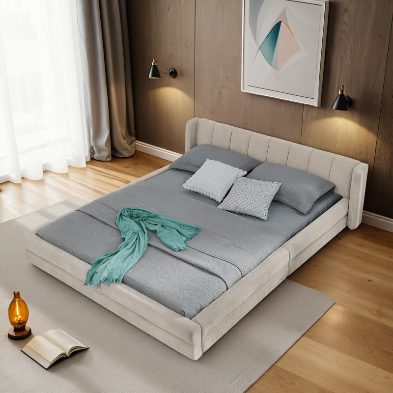 Doppelbett 140×200cm, Chenillestoff, komfortable Rückenlehne, robustes Eukalyptus- und Eisengestell, einfach zu montieren, Beige (ohne Matratze)