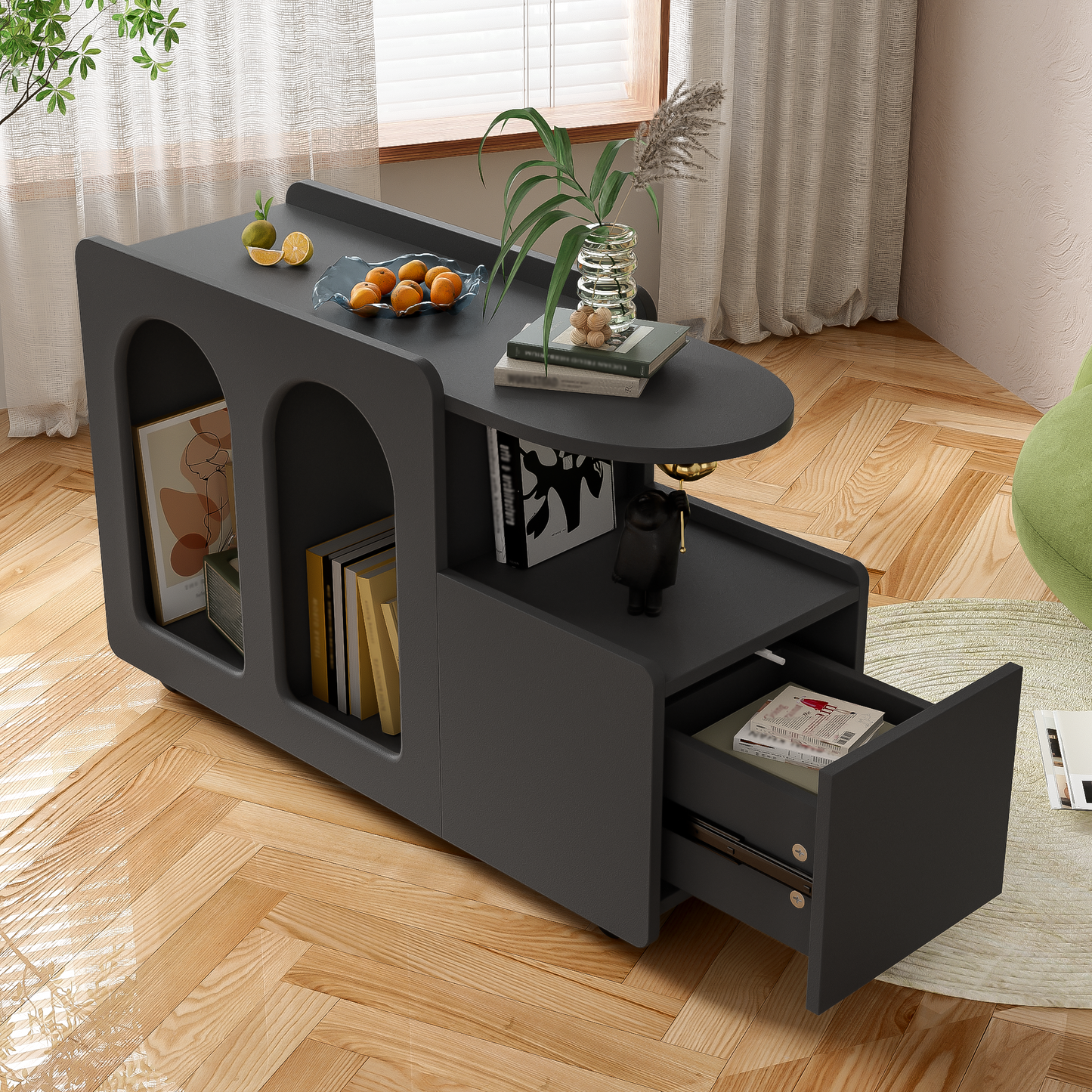 Beistellschrank mit Rollen, vielseitiger Aufbewahrungswagen für Wohnzimmer, Esszimmer und Schlafzimmer, Schwarz