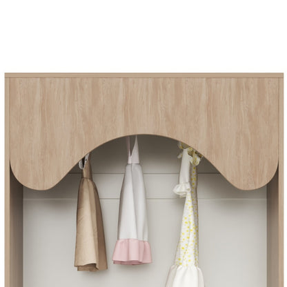 Kinderkleiderschrank, Kleiderschrank mit Kleiderstange, mit Schubladen, Vollholz Griffen, aus Spanplatte, weiß+natürliches Holz
