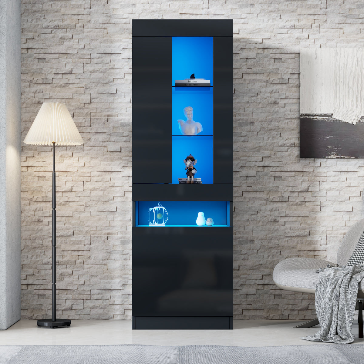 Vitrine Schwarz Hochglanz, LED-Beleuchtung, 180 cm, Glaskantenbeleuchtung
