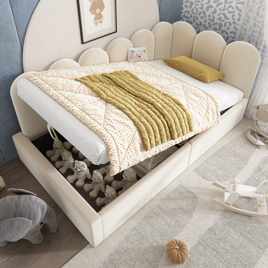 Polsterbett Daybett 90x200 cm,Tagesbett Schlafsofa mit hydraulischem Stauraum, Kinderbett mit Metall-Lattenrost, Samt, Beige, ohne Matratze