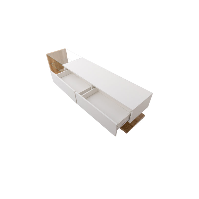 TV-Schränke, Lowboards, Kombination aus Hochglanzweiß und Holzfarben. Glastrennwände und variable LED-Beleuchtung. Es kombiniert natürlichen Landhausstil mit modernem Design.