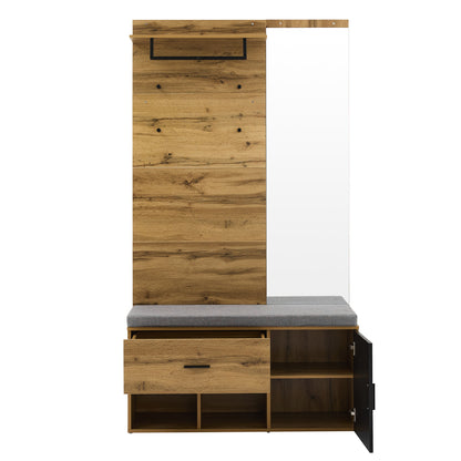 Garderoben Set in Holzoptik mit Spiegel, Schuhbank (104 x 39 cm) mit Polster, Schuhschrank, Schublade, Regal, Kleiderhaken – Praktisches Design für den Eingangsbereich
