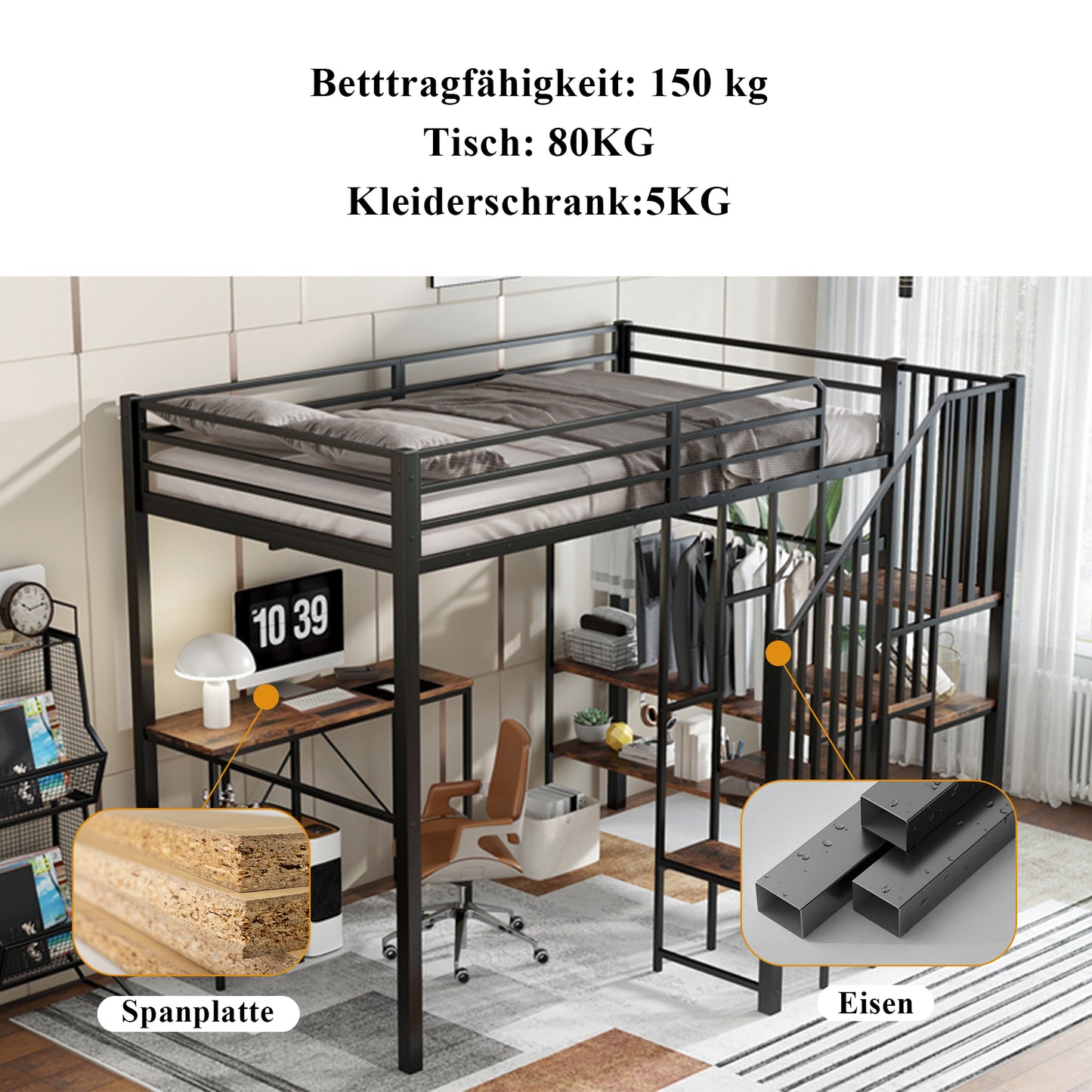 Eisenbett, Etagenbett, Geeignet für Kinder und Jugendliche, Eckleiterschrank mit Stauraum, Mit Tisch und Ablageregal, Mit offenem Kleiderschrank, Eisen+MDF, Schwarz+Vintage-Holzfarbe
