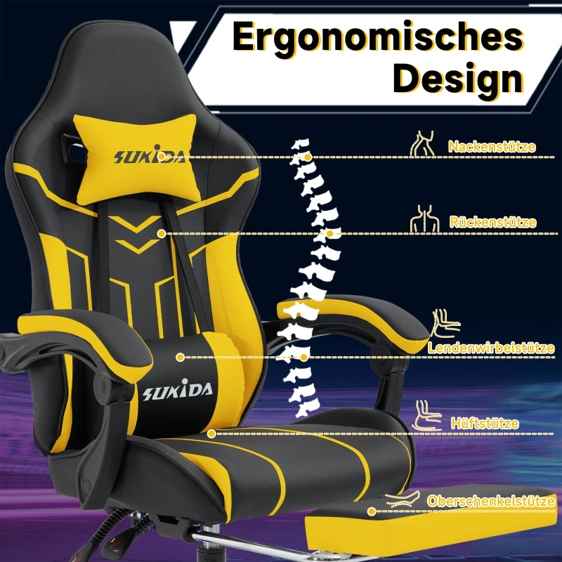 Gaming Stuhl Computerstuhl Ergonomischer Gaming Chair mit Fußstütze Bürostuhl Ergonomischer Computerstuhl mit Lendenwirbelstütze Blackyellow