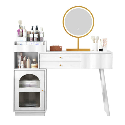 Kosmetiktisch-Set mit LED-Spiegel und 3-Farben-Beleuchtung, Schminktisch aus Holz mit 3 Schubladen und Seitenschrank, ausziehbares Design - Maße: B120/H90/T40 cm (ohne Hocker)