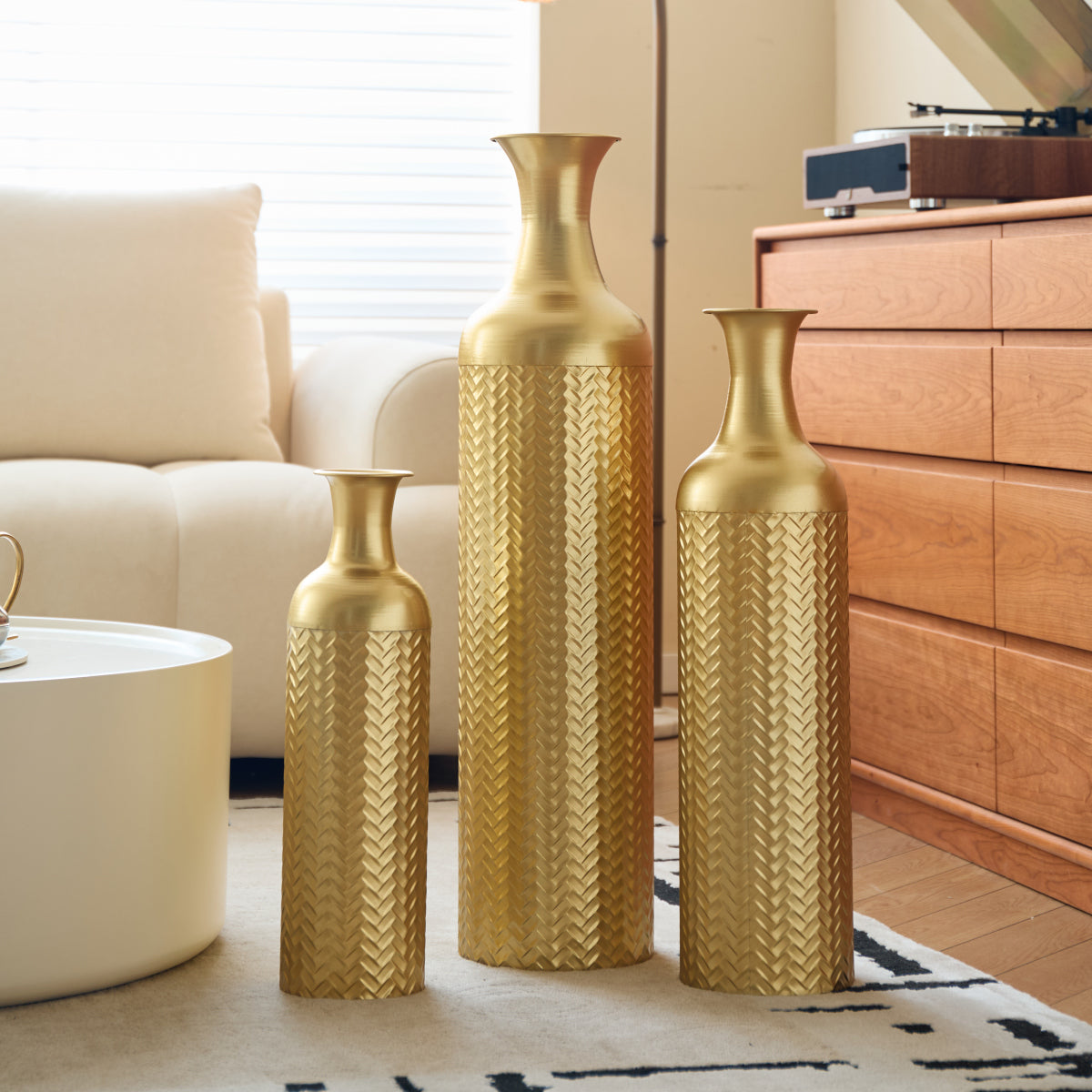 3er Set Bodenvase Metall, Gold, Retro Stil, Hohe Dekovasen 83/65/50 cm