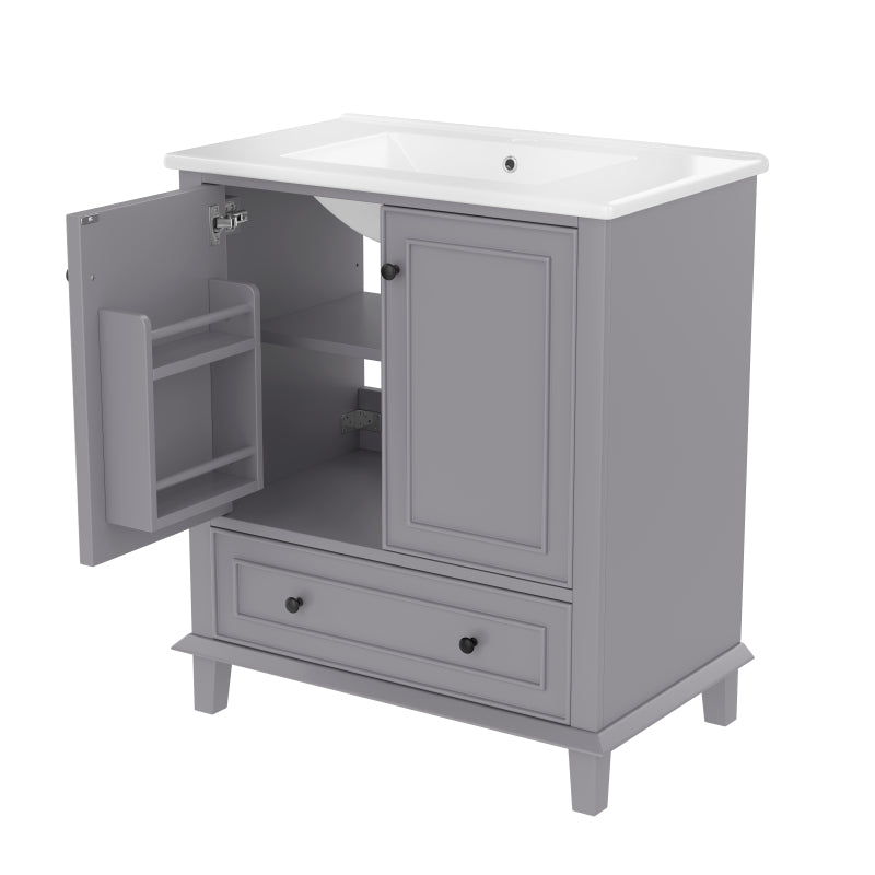 76x46x87cm Bodenstehender Badezimmerschrank mit Waschbeck, Waschtisch,Beine aus Massivholz, MDF-Material, feuchtigkeits- und wasserdicht, großer Stauraum, integriertes Keramikwaschbecken, Grau