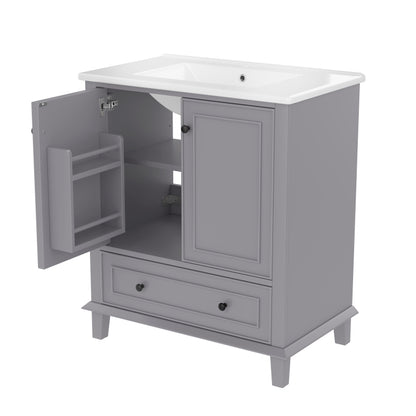 76x46x87cm Bodenstehender Badezimmerschrank mit Waschbeck, Waschtisch,Beine aus Massivholz, MDF-Material, feuchtigkeits- und wasserdicht, großer Stauraum, integriertes Keramikwaschbecken, Grau