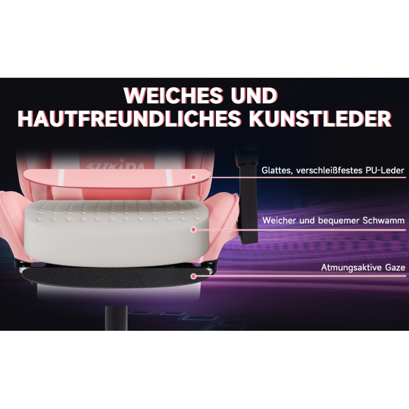 Gaming Stuhl Computerstuhl Ergonomischer Gaming Chair mit Fußstütze Bürostuhl Ergonomischer Computerstuhl mit Lendenwirbelstütze Pinkwhite