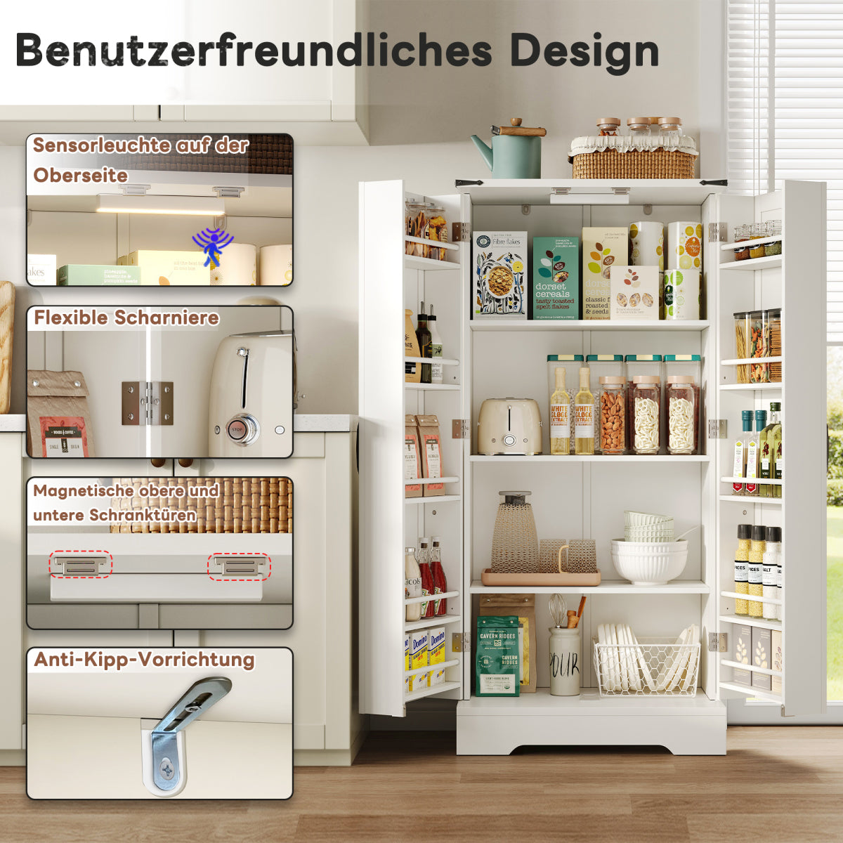Buffetschrank Weiß 128,5 cm, Hochschrank Landhausstil mit automatischer LED-Beleuchtung, Türregale & Kippschutz