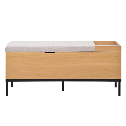 Sitzbank mit Stauraum 115 cm, Gepolsterte Truhenbank Holzoptik Natur, Stoffbezug Hellgrau, Flurbank