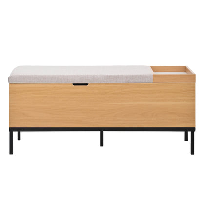 Sitzbank mit Stauraum 115 cm, Gepolsterte Truhenbank Holzoptik Natur, Stoffbezug Hellgrau, Flurbank