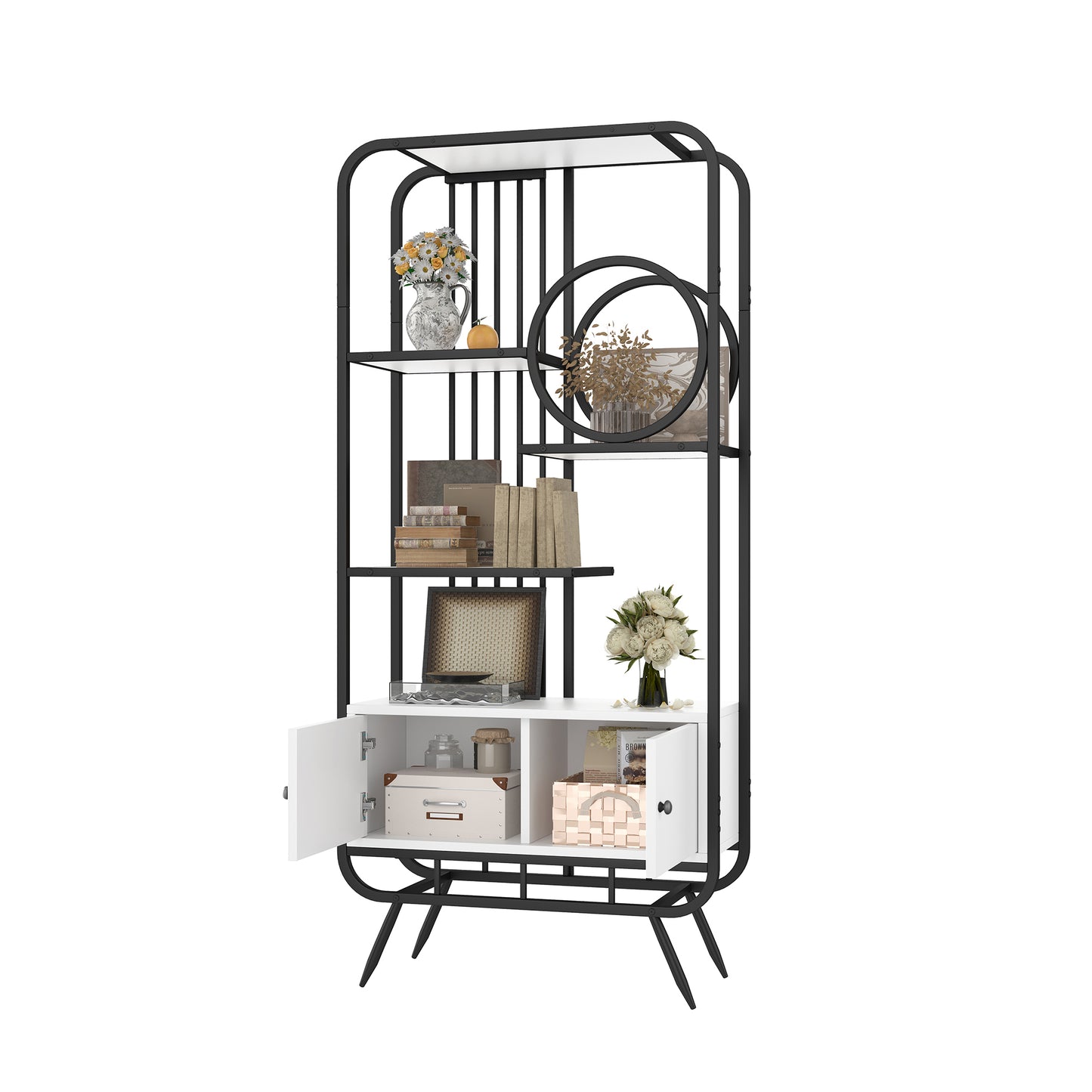80 x 30 x 180 cm Metallregal, weißer Lagerschrank mit Doppeltür, drei Regalböden, schwarzes Metallregal, hohe Metallfüße, runde Dekoration, weiß + schwarz