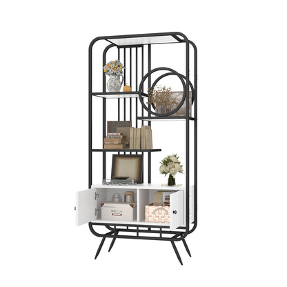 80 x 30 x 180 cm Metallregal, weißer Lagerschrank mit Doppeltür, drei Regalböden, schwarzes Metallregal, hohe Metallfüße, runde Dekoration, weiß + schwarz