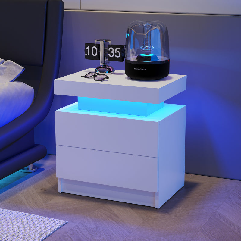Nightstand LED Bedside Table Cabinet Lights Modern End Side with 2 Drawers for Bedroom (White)
