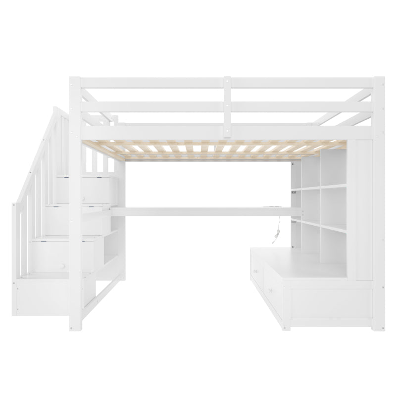 140x200 Hochbett mit Schreibtisch und Regalen, zwei integrierten Schubladen, Stauraumtreppe, weiß