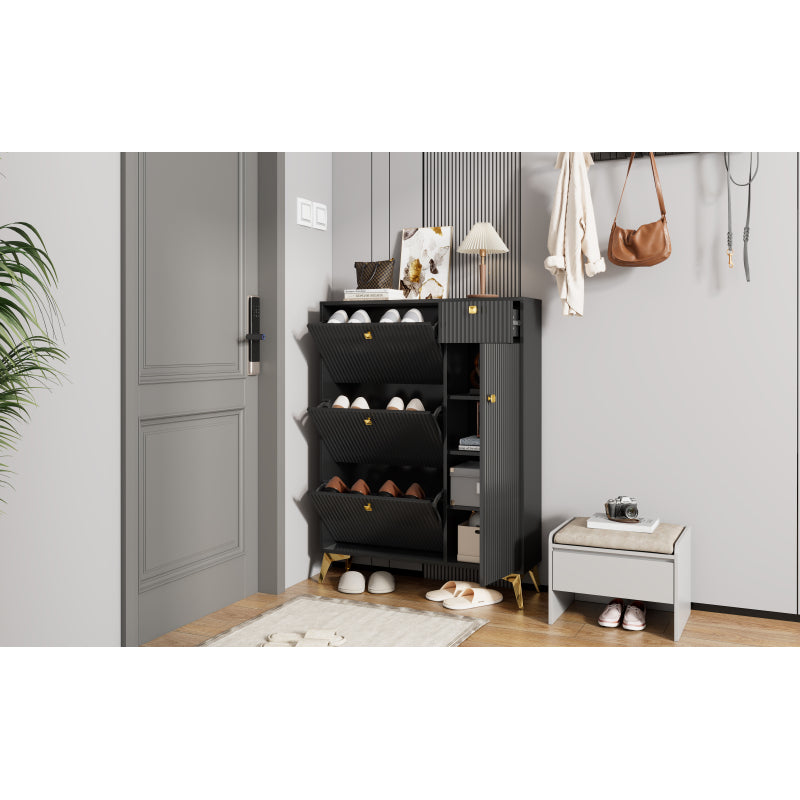 Schuhschrank mit 3 Klappen, 1 Schublade und 1 Tür, Schuhregal, Schuhkipper schmal, Schuhschrank Schwarz