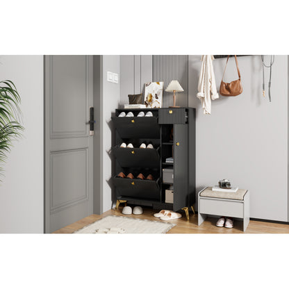 Schuhschrank mit 3 Klappen, 1 Schublade und 1 Tür, Schuhregal, Schuhkipper schmal, Schuhschrank Schwarz