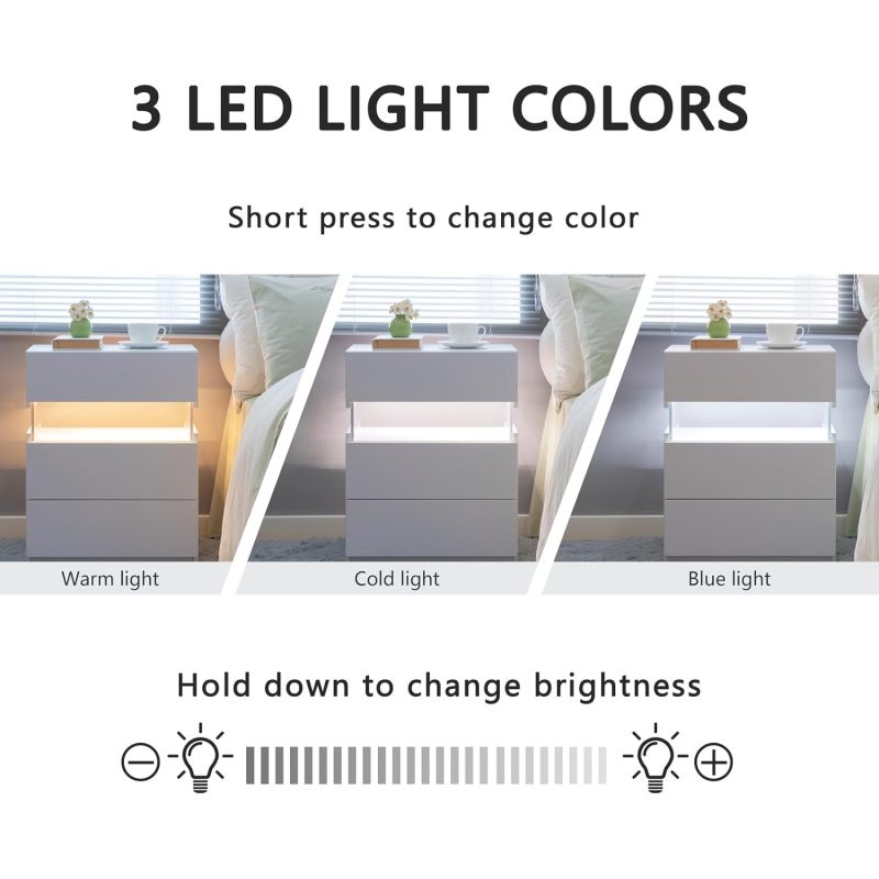 LED Nightstands 3 Drawer Dresser for Bedroom End Table with Acrylic Board LED Bedside Tables for Bedroom Living Room Bedside Furniture (White)