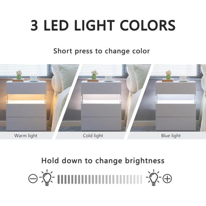 LED Nightstands 3 Drawer Dresser for Bedroom End Table with Acrylic Board LED Bedside Tables for Bedroom Living Room Bedside Furniture (White)