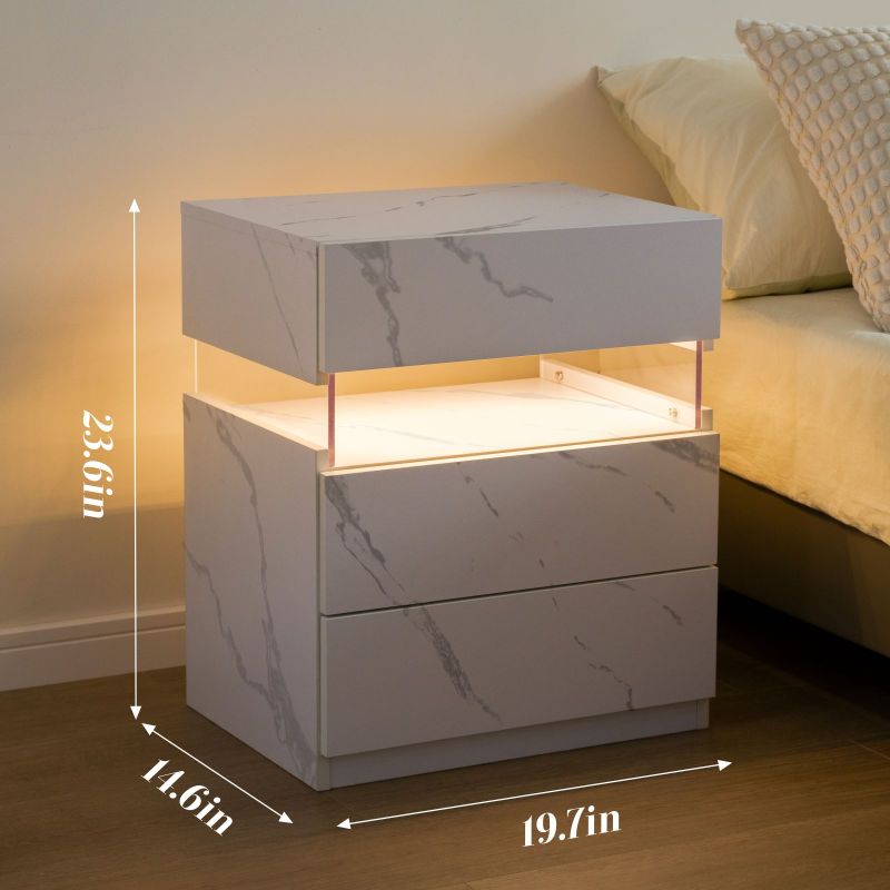 LED Nightstands 3 Drawer Dresser for Bedroom End Table with Acrylic Board LED Bedside Tables for Bedroom Living Room Bedside Furniture (White Stone)