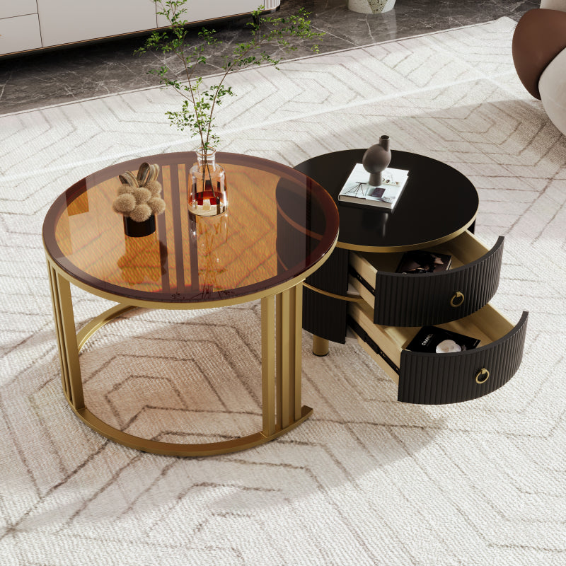 2-in-1 runder MDF-Couchtisch, Beistelltisch mit 1 Hochglanz-Tischplatte und 1 brauner Tischplatte aus gehärtetem Glas, Wohnzimmer-Couchtischkombination mit 2 Schubladen, 70*70*45 + 50*50*40 cm