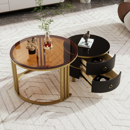 2-in-1 runder MDF-Couchtisch, Beistelltisch mit 1 Hochglanz-Tischplatte und 1 brauner Tischplatte aus gehärtetem Glas, Wohnzimmer-Couchtischkombination mit 2 Schubladen, 70*70*45 + 50*50*40 cm