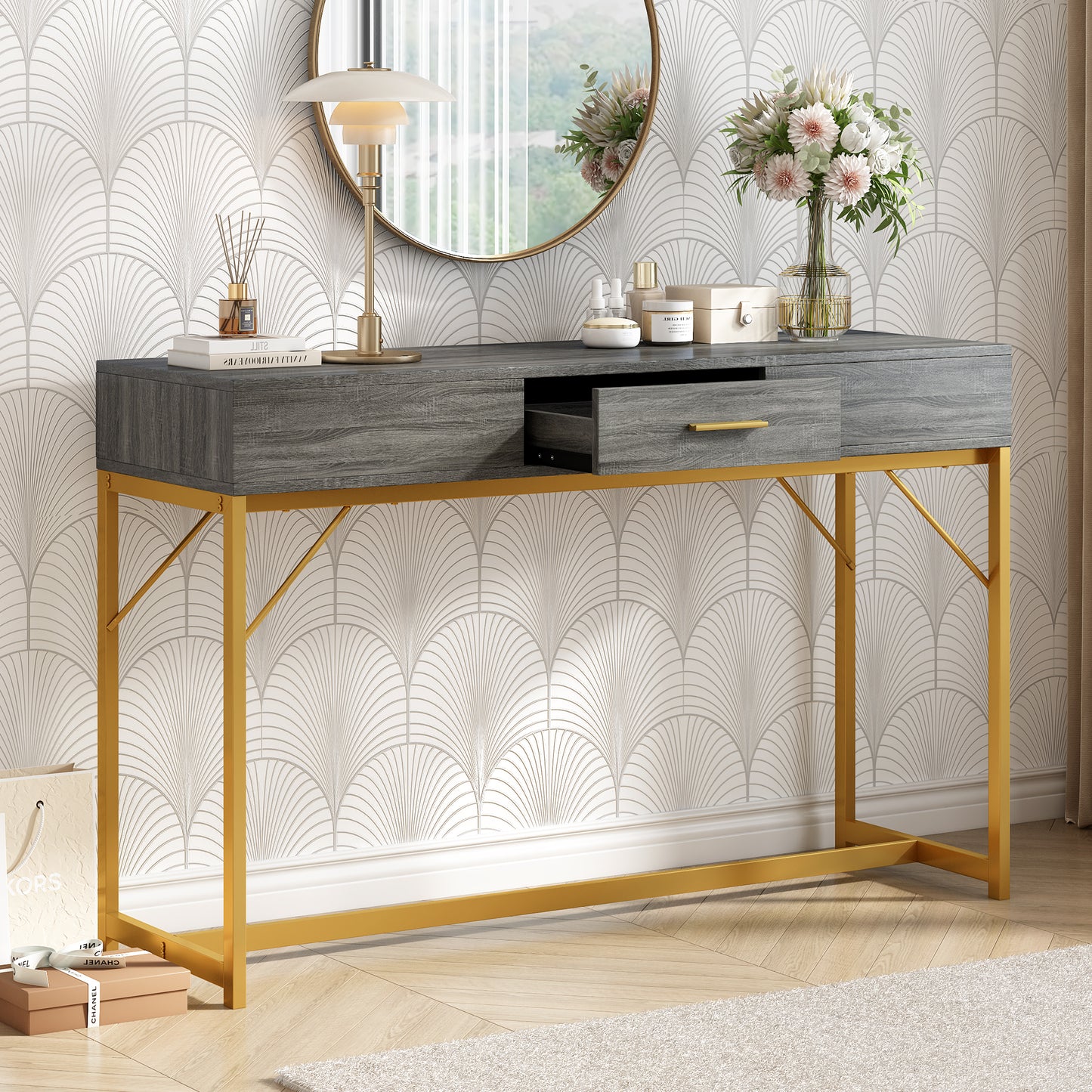 Konsolentisch,Flurtisch mit 2 Schublade ,Leichter Luxus-Stil Beistelltisch, Grau/Gold