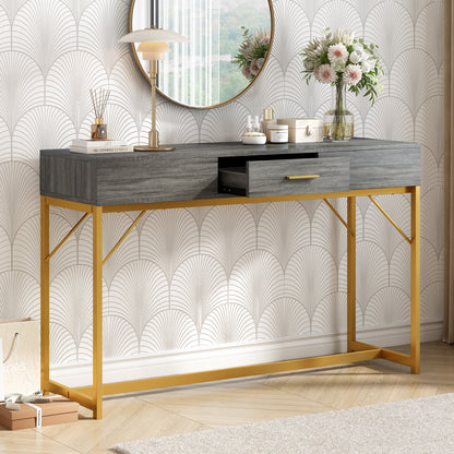 Konsolentisch,Flurtisch mit 2 Schublade ,Leichter Luxus-Stil Beistelltisch, Grau/Gold
