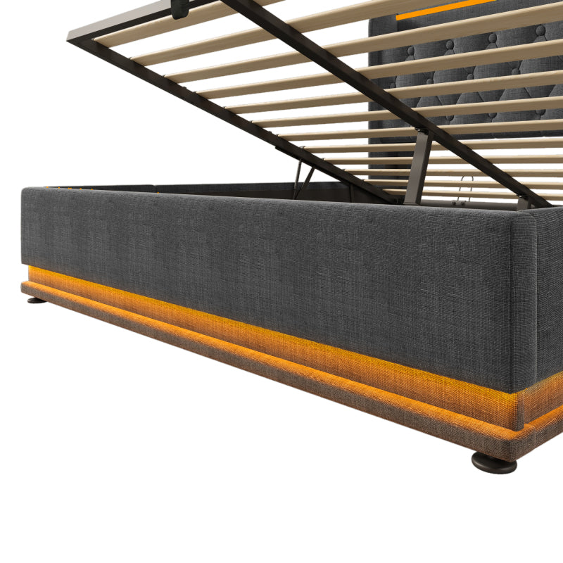Polsterbett Doppelbett, 360-Surround-LED-Funktion, Drucktaste/App/Fernbedienung,160*200 cm,Grau Leinen-Material Hydraulisches Lagerbett, gepolstertes Kopfteil mit USB Typ-C Ladefunktion(Ohne Matratze)