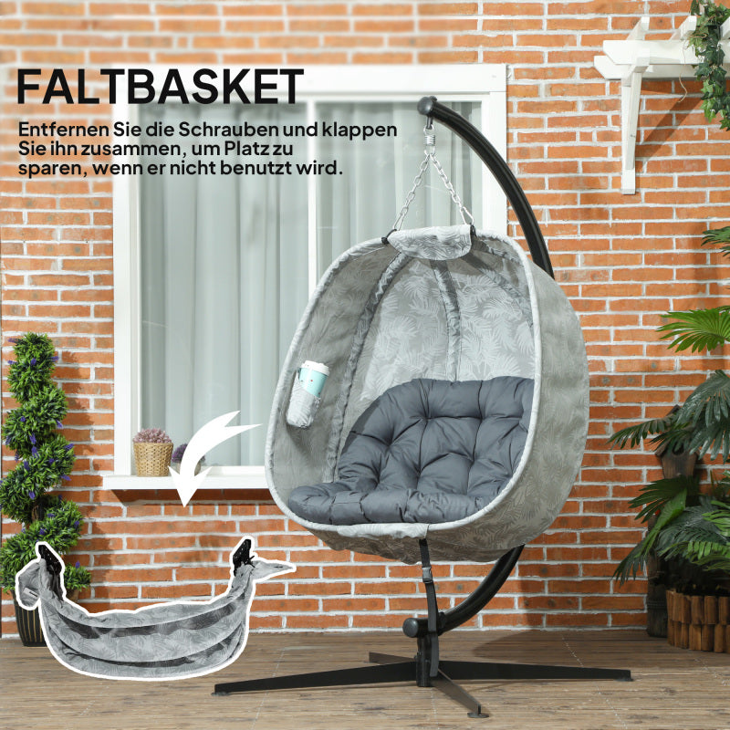 Eiförmiger Hängesessel für den Außenbereich, Faltbar Hängeschaukel mit Gestell, Sitzpolstern, Terrasse, Garten, Grau