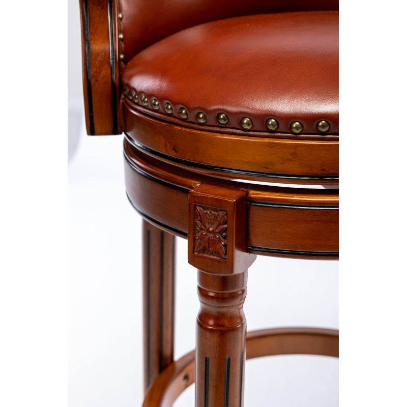 Barhocker aus Holz mit Kuhfell-Obermaterial, 360-Grad-Drehstuhl in Barhöhe mit Rückenlehne, Brown+Seat height 75cm