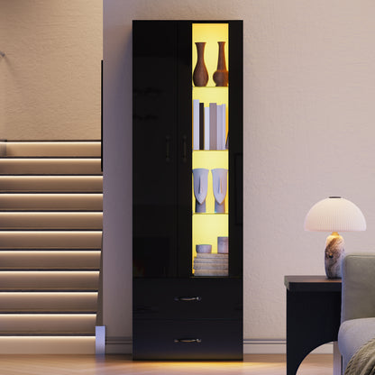 Schwarze LED-Vitrine mit 2 Glastüren - Standvitrine inkl. Beleuchtung, Freistehender Schrank für Wohnzimmer, Buffetschrank & Sammlervitrine, Schwarz