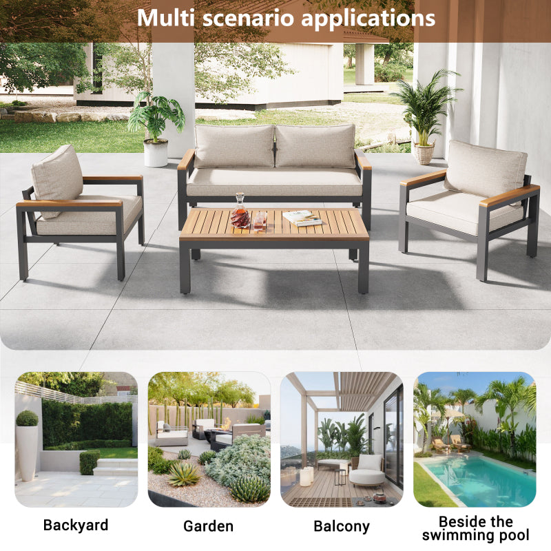 Loungeset, Gartenmöbel-Set mit Rahmen aus verzinktem Stahl, (breites Set, 4-teiliges Esstisch-Set, 1x 2-Sitzer-Sofa, 2x Einzelstühle, 1x Tisch), Akazienholz Tischplatte und Armlehnen,Beige