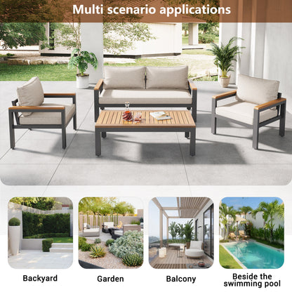 Loungeset, Gartenmöbel-Set mit Rahmen aus verzinktem Stahl, (breites Set, 4-teiliges Esstisch-Set, 1x 2-Sitzer-Sofa, 2x Einzelstühle, 1x Tisch), Akazienholz Tischplatte und Armlehnen,Beige