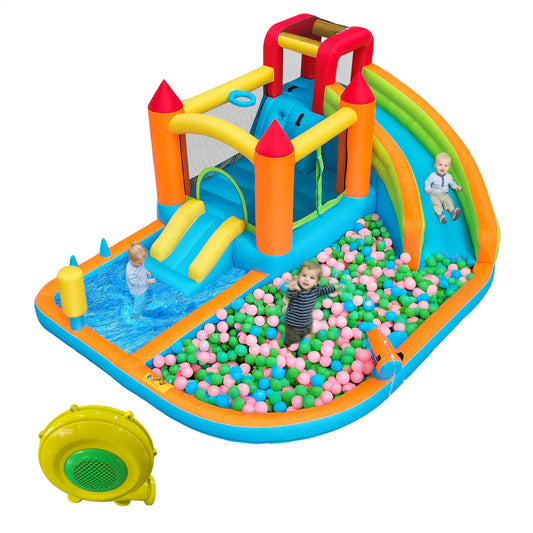 [Multifunktionale Outdoor-Hüpfburg] Mit Gebläse, Wasserrutsche + Trampolin + Basketballkorb + Wasserpistole, 2 Poolbereiche, 1 große und 1 kleine Rutsche, für trockene und nasse Nutzung, ein Wasserpar