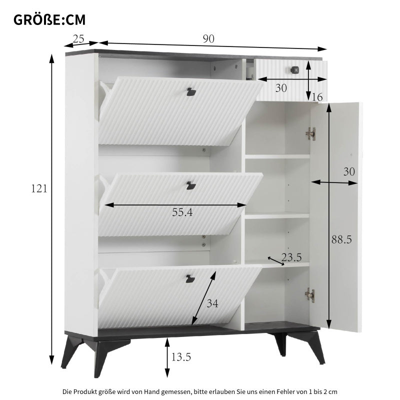 Schuhschrank mit 3 Klappen, 1 Schublade und 1 Tür, Schuhregal, Schuhkipper schmal, Schuhschrank weiß