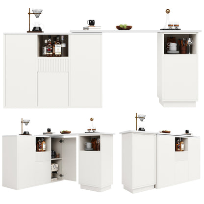 Um 360° drehbarer Bartisch (Hauptkörper 198,5 x 30 x 75 cm), modernes und schlichtes weißes Design, mit offenem Stauraum und Marmor-Arbeitsplatte, geeignet für Küche, Wohnzimmer und Esszimmer