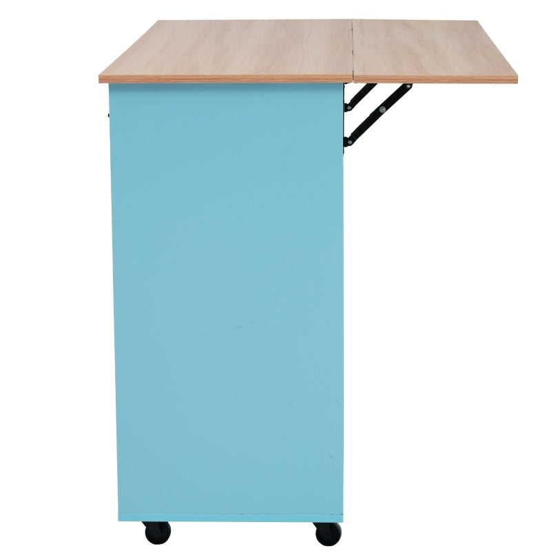 129x46(71)x91,5 cm großer Speisewagen/Sideboard, Arbeitsplatte mit Massivholzmaserung + blauer Schrank/faltbare Arbeitsplatte/Aufbewahrungstür-Design/Räder/Massivholzfüße umschaltbar/für Zuhause geeig