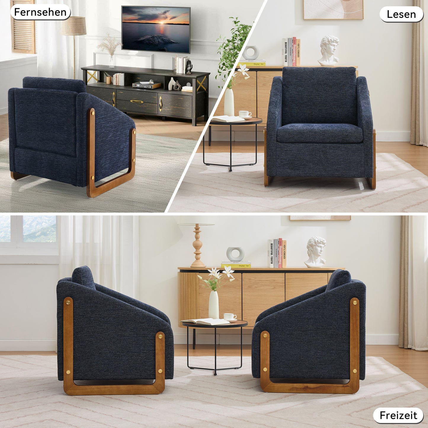 Sessel, Akzentstuhl für Wohnzimmer, Loungesessel, moderner Stuhl mit Armlehne aus Holz, mit Rückenkissen, blauer