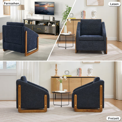 Sessel, Akzentstuhl für Wohnzimmer, Loungesessel, moderner Stuhl mit Armlehne aus Holz, mit Rückenkissen, blauer