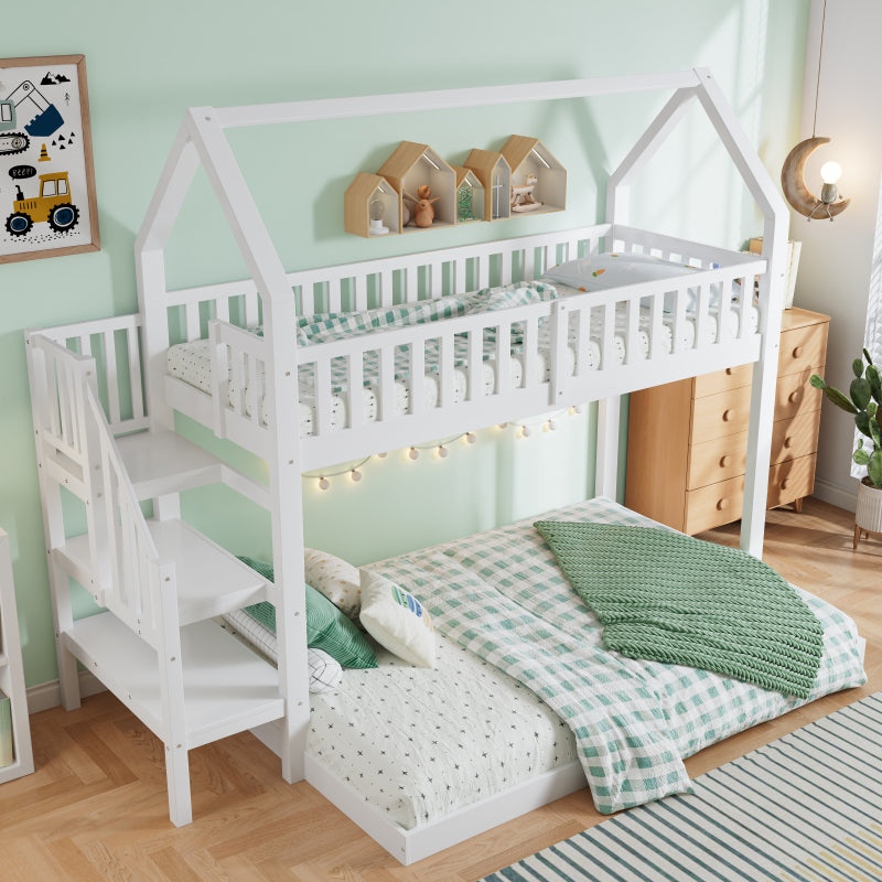[29994142WAA]Etagenbett, Hausbett mit Treppe, Kinderbett mit Fallschutz und Gitter, Rahmen aus Kiefer, weiß (90x200&140*190cm)