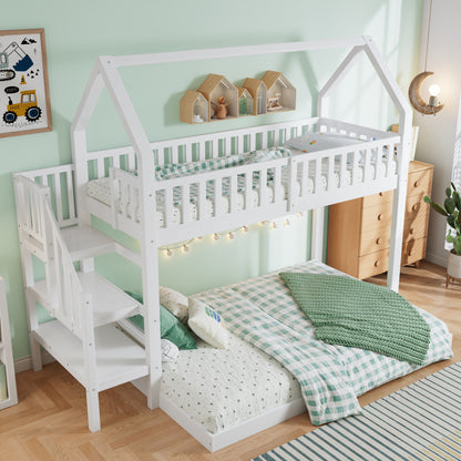 [29994142WAA]Etagenbett, Hausbett mit Treppe, Kinderbett mit Fallschutz und Gitter, Rahmen aus Kiefer, weiß (90x200&140*190cm)