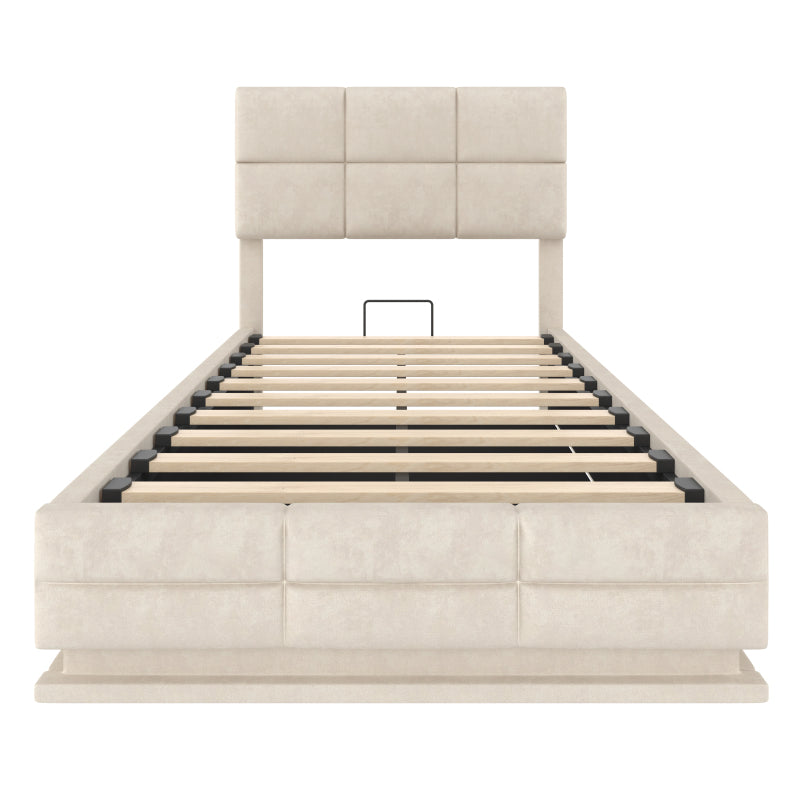 90x200 cm Modernes Velours-Polsterbett mit höhenverstellbarem Kopfteil - Inkl. USB/Type-C-Anschlüssen, LED-Ambientebeleuchtung, hydraulischem Lift-System & XXL-Stauraum (ohne Matratze) - Beige