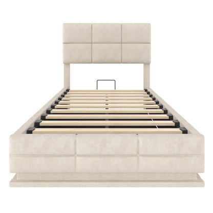 90x200 cm Modernes Velours-Polsterbett mit höhenverstellbarem Kopfteil - Inkl. USB/Type-C-Anschlüssen, LED-Ambientebeleuchtung, hydraulischem Lift-System & XXL-Stauraum (ohne Matratze) - Beige