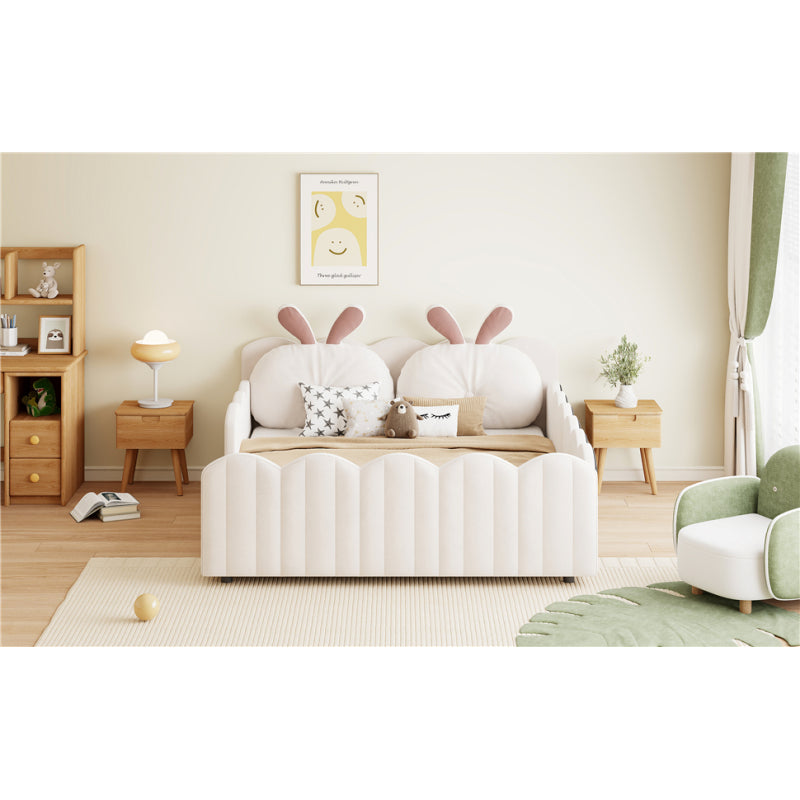 140x200 Gepolstertes Plattformbett mit Kissen in Kaninchenform, Beige