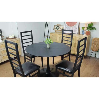 47.24"Modern Round Dining Table,Four Patchwork Tabletops with Black Color Solid Wood Grain Table Top,Metal Base Dining Table, End Table Leisure Coffee Table